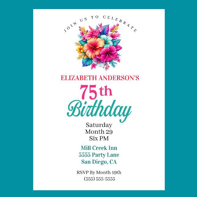 Invitación Cumpleaños 75 con Flores Tropicales (Tropical Flowers 75th Birthday Invitation For Women.)