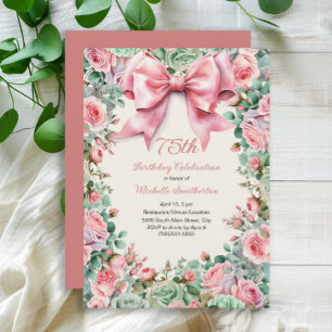 Invitación Cumpleaños 75 Coquette Rosa Lazo Verde Menta Flora