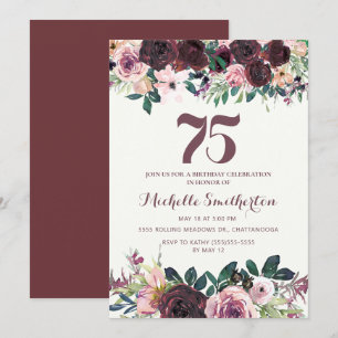 Invitación Cumpleaños 75 Cumpleaños de Flor de Rosa de Borgoñ