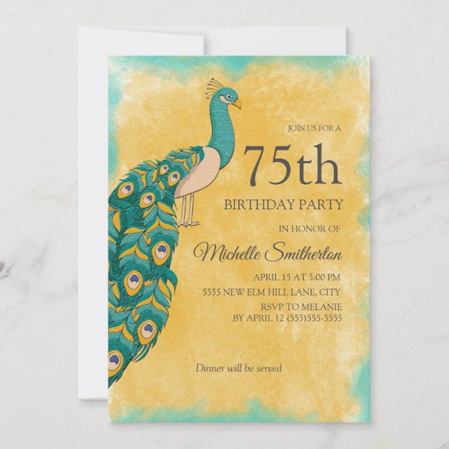 Invitación Cumpleaños 75 Cumpleaños Pavo Real Acuarela Amaril (Anverso)