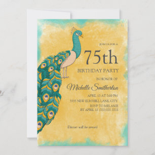 Invitación Cumpleaños 75 Cumpleaños Pavo Real Acuarela Amaril