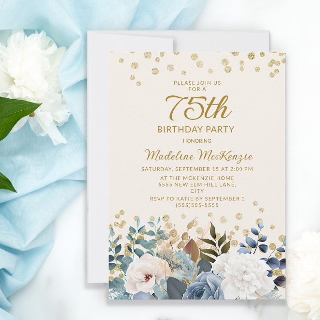 Invitación Cumpleaños 75 de azul polvoriento blanco floral do (Subido por el creador)