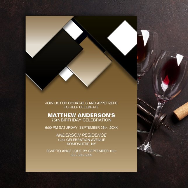 Invitación Cumpleaños 75 de cóctel abstracto de negro y dorad (Subido por el creador)