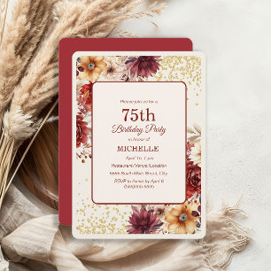 Invitación Cumpleaños 75 de Crema Floral Burgundy con Brillo