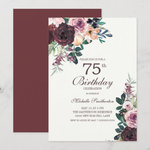 Invitación Cumpleaños 75 de Flor de Hojas de Rosa Burdeos