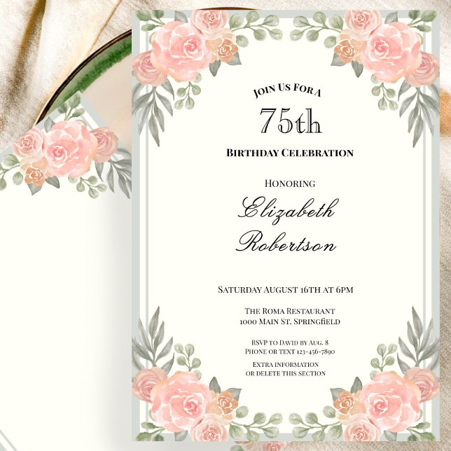 Invitación Cumpleaños 75 de Flor de Melocotón y Salvia Verde (Subido por el creador)