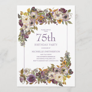Invitación Cumpleaños 75 de Flor Foliar Amarillo Marfil Púrpu
