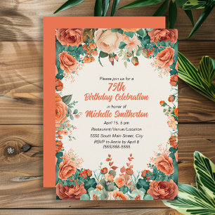 Invitación Cumpleaños 75 de Floral Acuarela Verde Menta Naran