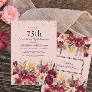 Invitación Cumpleaños 75 de Floral Burgundy Rosa Brillo Dorad