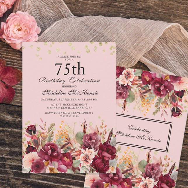 Invitación Cumpleaños 75 de Floral Burgundy Rosa Brillo Dorad (Subido por el creador)