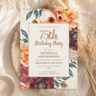 Invitación Cumpleaños 75 de Floral Naranja Borgoña con Brillo