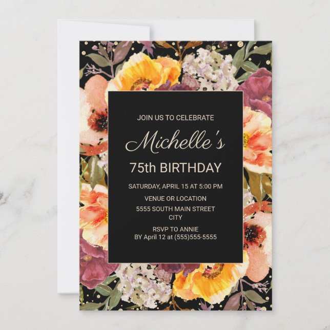 Invitación Cumpleaños 75 de Floral Naranja Borgoña Dorado Neg (Anverso)