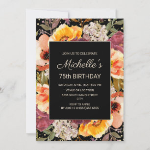 Invitación Cumpleaños 75 de Floral Naranja Borgoña Dorado Neg