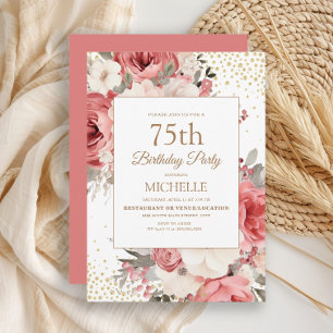 Invitación Cumpleaños 75 de flores blancas de marfil rosa y b