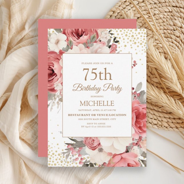 Invitación Cumpleaños 75 de flores blancas de marfil rosa y b (Elegant pink and ivory watercolor floral women's 75th birthday party invitation)