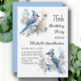 Invitación Cumpleaños 75 de flores de pájaro arrendajo azul P