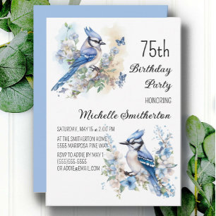Invitación Cumpleaños 75 de flores de pájaro arrendajo azul P