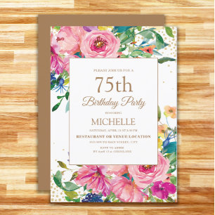 Invitación Cumpleaños 75 de flores rosadas amarillas con bril
