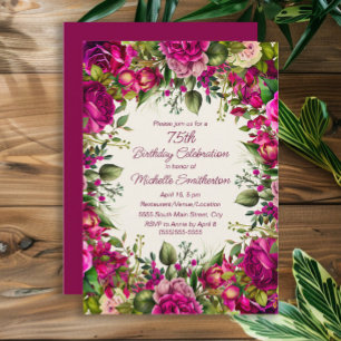 Invitación Cumpleaños 75 de flores rosadas fucsia con hojas v