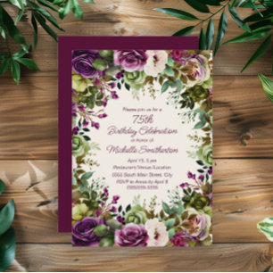 Invitación Cumpleaños 75 de Flores Verdes Rosa Purpura