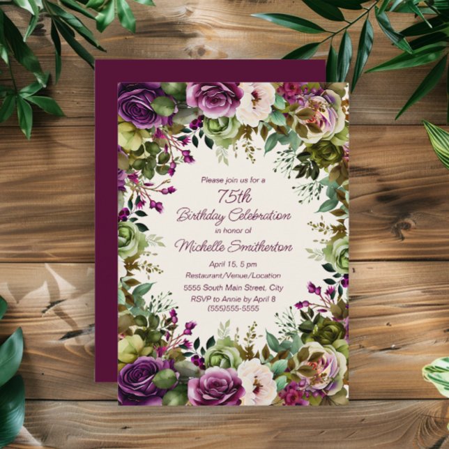 Invitación Cumpleaños 75 de Flores Verdes Rosa Purpura (Elegant purple and pink watercolor floral 75th birthday party invitation)