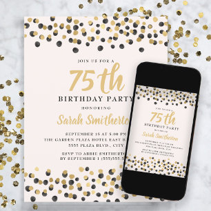Invitación Cumpleaños 75 de Glitter Confeti de Oro Blanco Neg