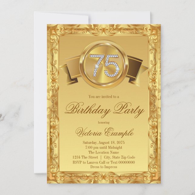 Invitación Cumpleaños 75 de mujer remolino de diamantes dorad (Anverso)