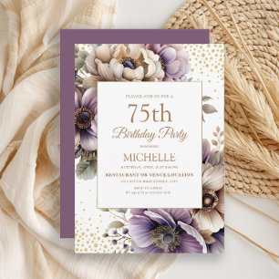 Invitación Cumpleaños 75 de Purpura Marfil Floral Dorado Bril