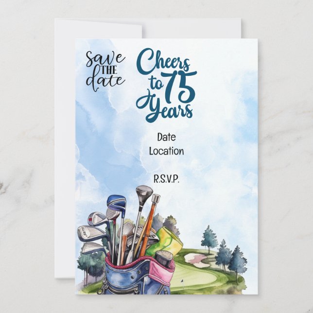 Invitación Cumpleaños 75 del golfista con bolsa de golf Salve (Anverso)