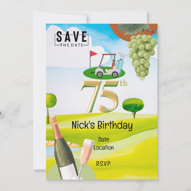 Invitación Cumpleaños 75 del golfista en el campo de golf (Anverso)