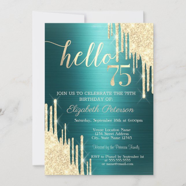 Invitación Cumpleaños 75 dorado con brillo que gotea sobre fo (Anverso)