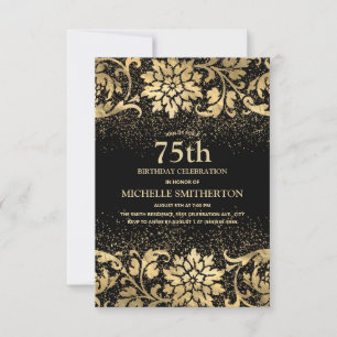 Invitación Cumpleaños 75 Elegante con Brillo Floral en Oro Ne