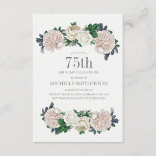 Invitación Cumpleaños 75 Elegante Floral Crema Marfil