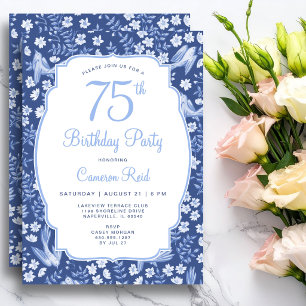 Invitación Cumpleaños 75 Elegante Floral Femenino Pájaro Azul