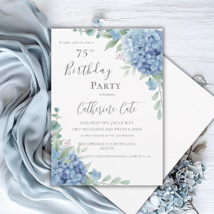 Invitación Cumpleaños 75 Elegante Floral Hortensia Azul