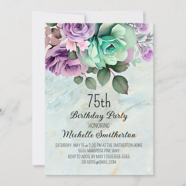 Invitación Cumpleaños 75 Elegante Floral Púrpura Verde Menta (Anverso)