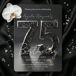 Invitación Cumpleaños 75 Elegante Negro Brillo 3D