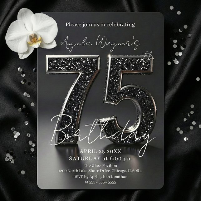 Invitación Cumpleaños 75 Elegante Negro Brillo 3D (Subido por el creador)