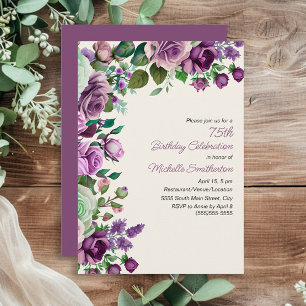 Invitación Cumpleaños 75 Elegante Verde Menta Floral Púrpura