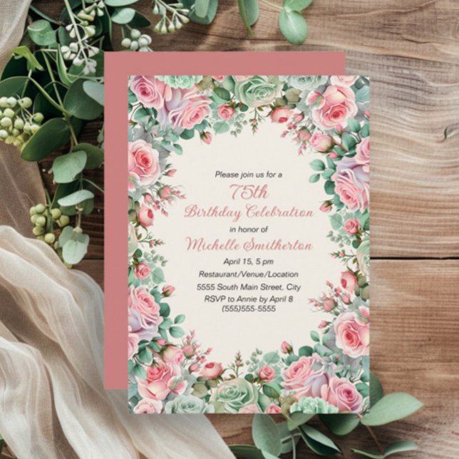 Invitación Cumpleaños 75 en Floral Acuarela Rosa Menta (Pink and mint green watercolor floral 75th birthday party invitation for women.)