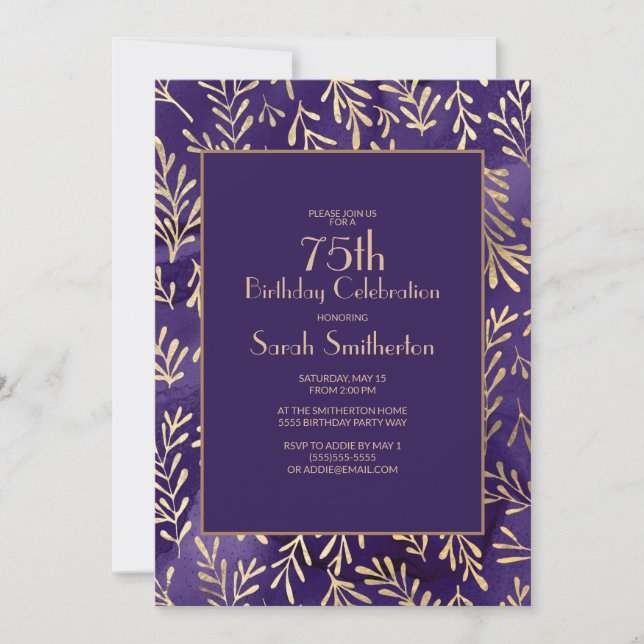 Invitación Cumpleaños 75 Estilo Hojas de Oro Púrpura (Anverso)