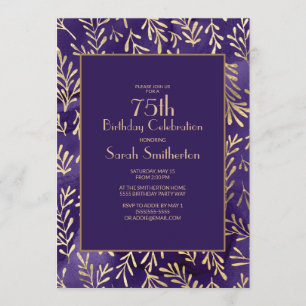Invitación Cumpleaños 75 Estilo Hojas de Oro Púrpura