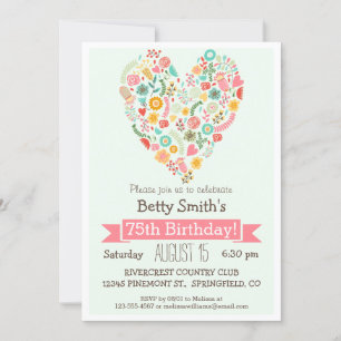 Invitación Cumpleaños 75, fiesta de cumpleaños de Corazón Flo
