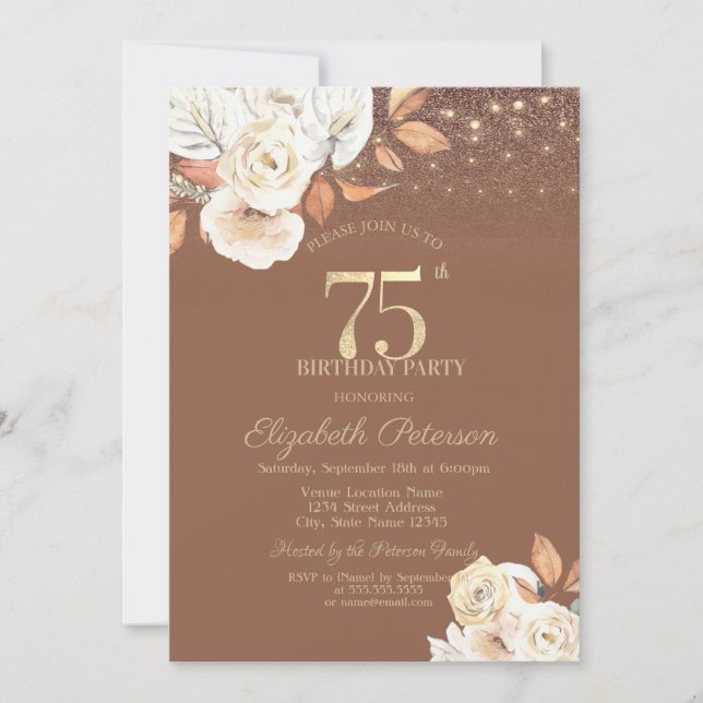 Invitación Cumpleaños 75 Flor de Otoño Brillo Terracota (Anverso)