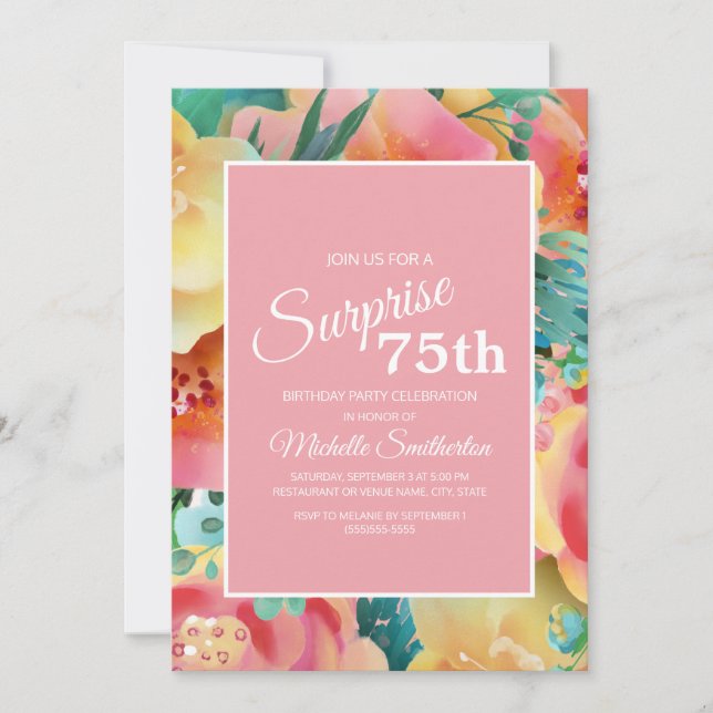 Invitación Cumpleaños 75 Floral Acuarela Rosa Amarillo Turque (Anverso)