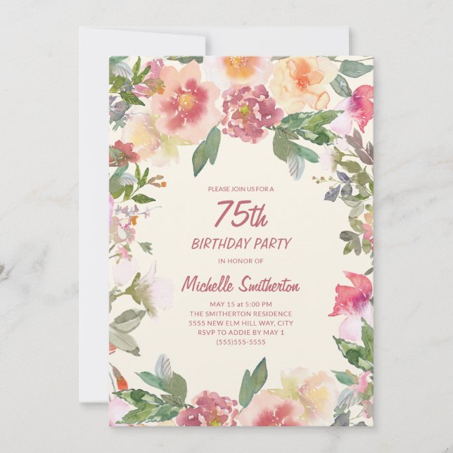 Invitación Cumpleaños 75 Floral Acuarela Rosa Melocotón (Anverso)