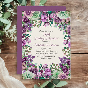 Invitación Cumpleaños 75 Floral Acuarela Verde Menta Morado