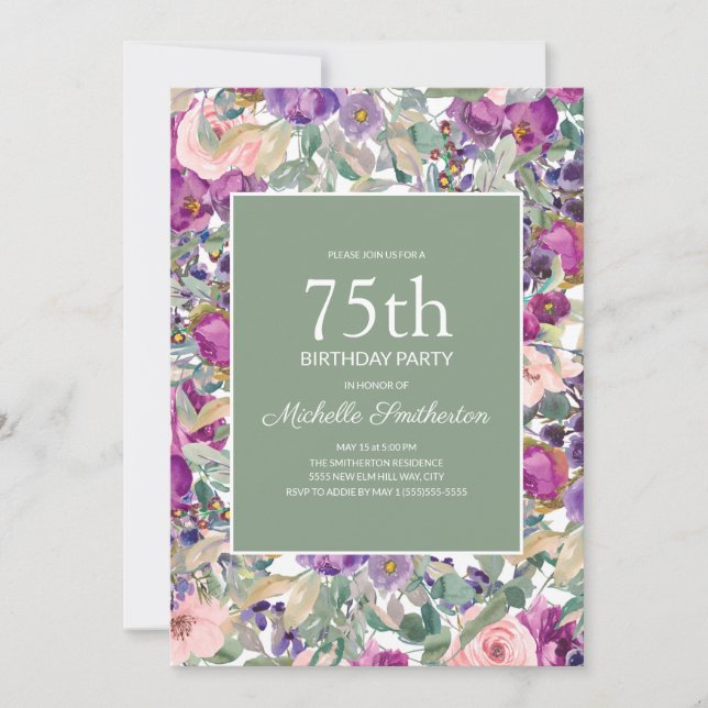 Invitación Cumpleaños 75 Floral Rosa Purpura Verde Salvia (Anverso)