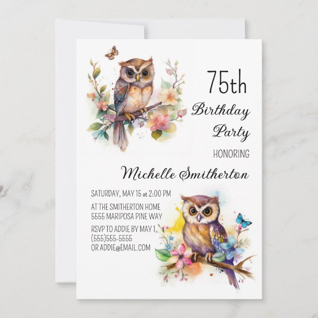 Invitación Cumpleaños 75 Flores Mariposas Buho Primavera (Anverso)