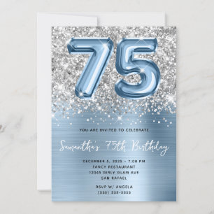 Invitación Cumpleaños 75 Glam Glitter Plateado Globo Azul